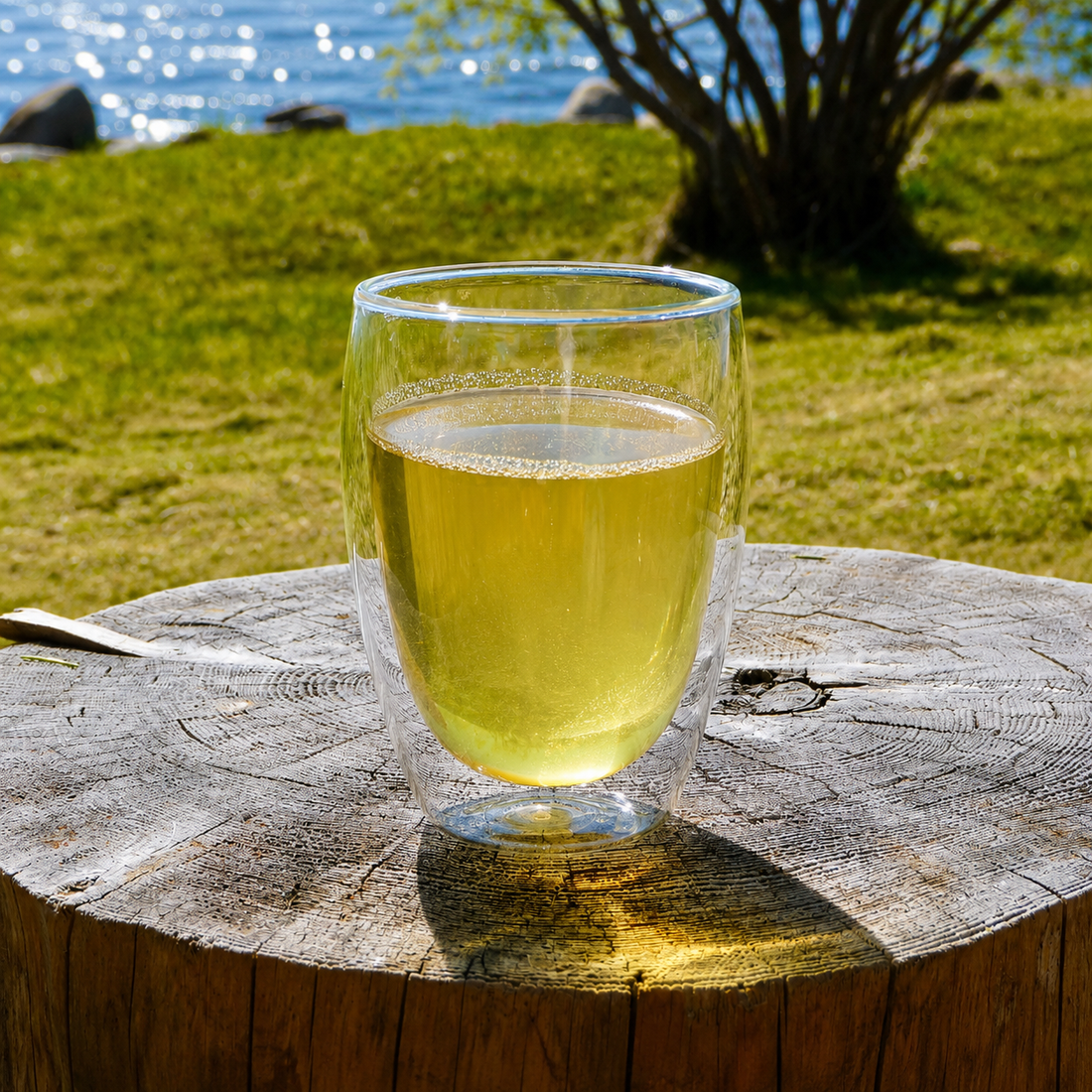 Herbal tea in a glass cup surrounded by Nordic nature